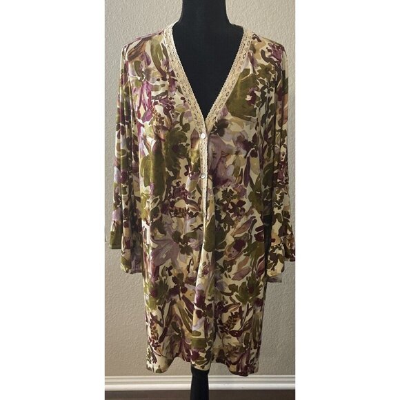 LOGO by Lori Goldstein 3X Floral Button Up Cardigan Lace Trim V Neck Pockets - Picture 1 of 7